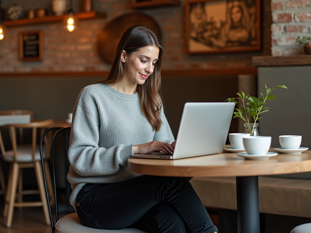 Kobieta pracuje na laptopie w przytulnej kawiarni, otoczona filiżankami i rośliną.